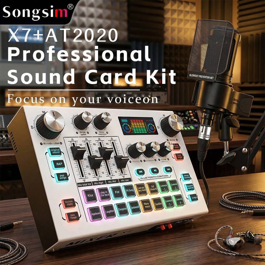 Set Kartu Suara Songsim-X7 Full Metal & Mikrofon Kondensor AT2020, Mendukung Transmisi OTG Tanpa Rugi, Penyesuaian EQ, Kontrol Trek, Penyesuaian Reverb, Pengiring Bluetooth, Kartu Suara Digital Multifungsi, Mikrofon Pengambilan Vokal Fidelitas Tinggi, Perekaman dan Output Audio Berkualitas Tinggi/Cocok untuk Komputer/Ponsel, Ideal untuk Streaming Langsung, Perekaman, Bermain Game, Bernyanyi, Instrumen, Studio - MultiWarna - View 1