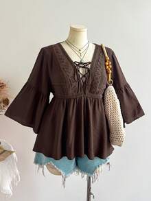 Rusttydustty Atasan Wanita Ukuran Besar Warna Cokelat Kerah V dengan Tali dan Patchwork Renda Gaya Bohemian untuk Liburan, Cocok untuk Musim Gugur/Dingin, Kostum Halloween - Coklat - View 8