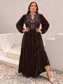 Rusttydustty Autumn/Winter Embroidered V-Neck Velvet Long Sleeve Daily Back To School Vintage Fashion Holiday Elegant Dress - Brown - View 2