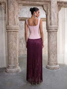 Modphy New Women's Sexy Square Neck Sleeveless Backless Heavy Embellished Rhinestone Fringe Bandage Long Dress, Wedding Party Formal Evening Gown - Pink - View 2