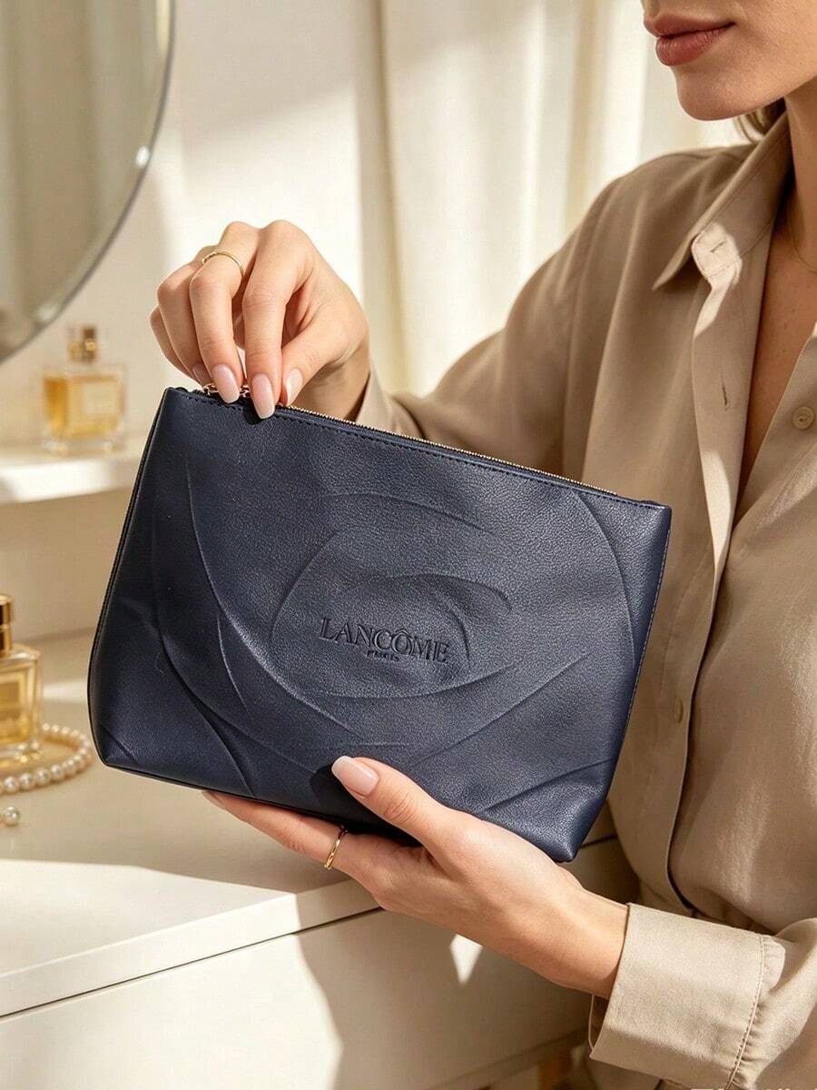 Lancôme Deep Blue Embossed Makeup Bag, Polyester Fabric, Debossed Logo, Lightweight Zipper, Portable Travel Toiletry Bag, Large Capacity Cosmetic Storage Bag, Elegant Luxury Women Gift - Dark Blue - View 1