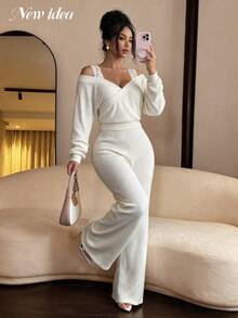 NEW IDEA Women'S Elegant Cream Fall Winter 2 Pieces Set, Off Shoulder Wrap Long Sleeve Top & Wide Leg Pants Set For Daily, Dating, Party, Going Out - White - View 2