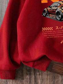 Young Boy Cartoon Pattern Warm Hooded Sweatshirt - Red - View 4