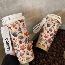 1pc/5pcs 500ml Thanksgiving Gift Insulated Stainless Steel Travel Coffee Mug, Beautiful Autumn Maple Leaf Acorn Pine Cone Full Print, Leak-Proof Portable Cup With COFFEE Lanyard, Thanksgiving Gift, Warm Gift For Her - Multi-color - Maple Leaf - View 3