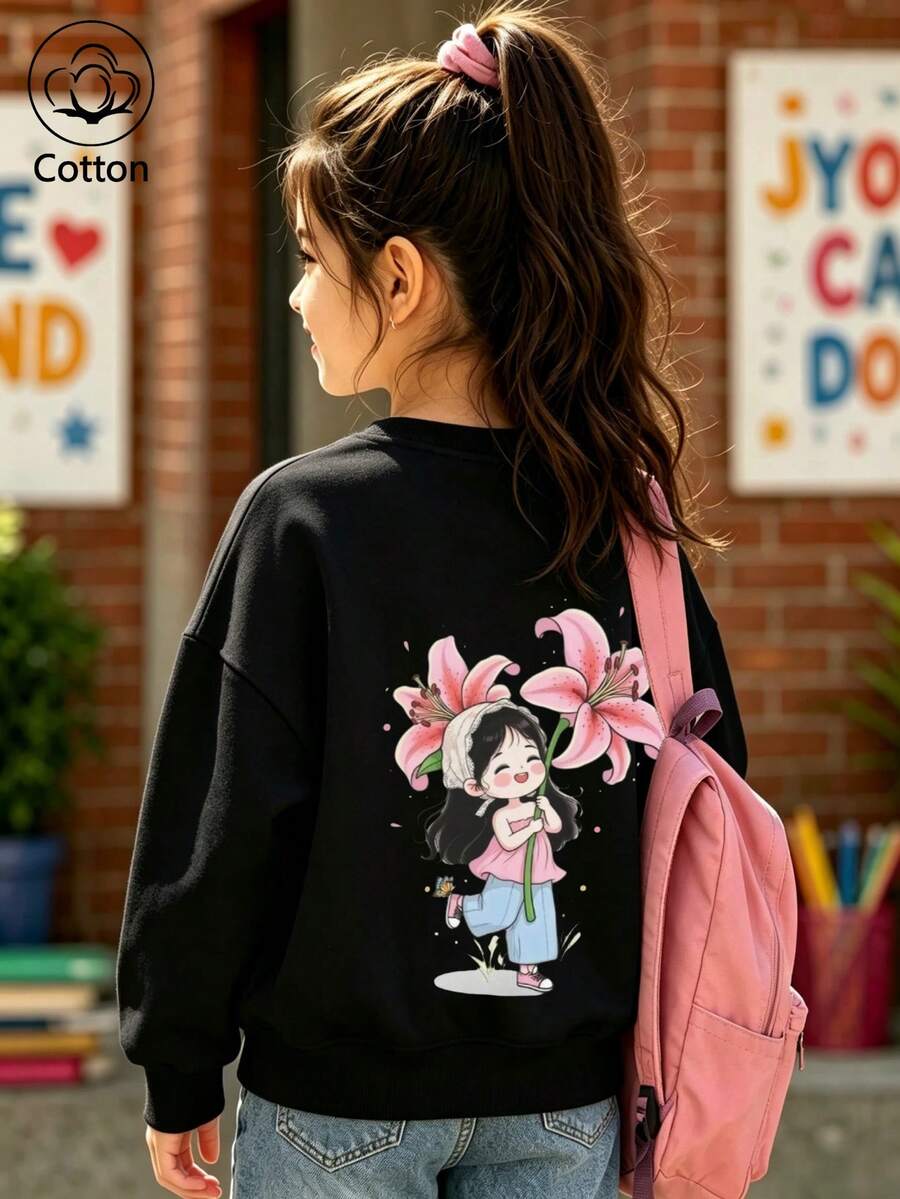 Girls' Cute Printed Drop-Shoulder Round-Neck Long-Sleeve Casual Sports Sweatshirt - Black - View 1