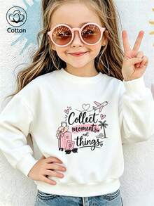 Girls' Cute Printed Drop-Shoulder Round-Neck Long-Sleeve Casual Sports Sweatshirt - White - View 1