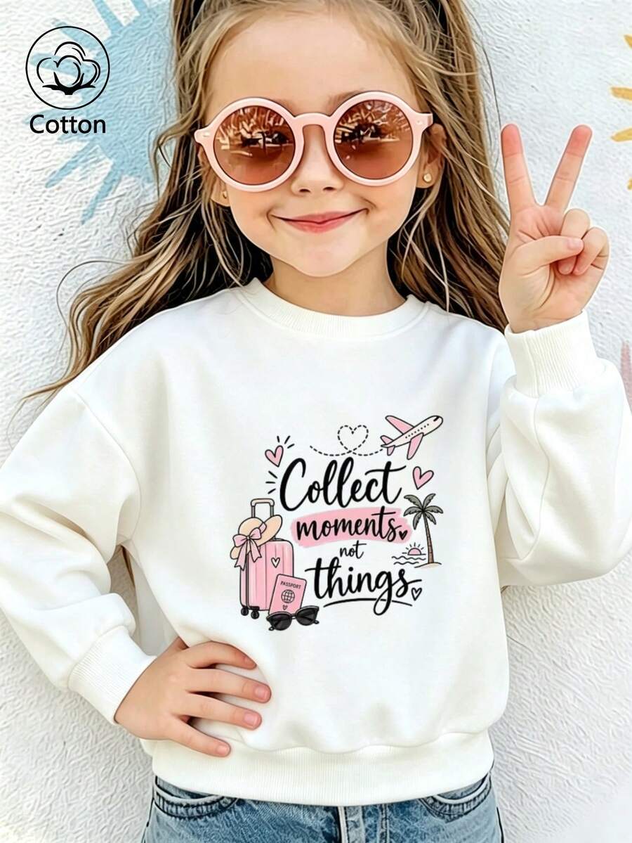 Girls' Cute Printed Drop-Shoulder Round-Neck Long-Sleeve Casual Sports Sweatshirt - White - View 1
