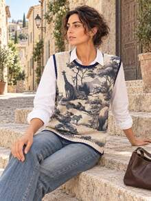 Women's Knitted Sweater Vest, Savannah Landscape Pattern, Round Neck Ribbed Knit, Regular Fit, Suitable For Autumn Layering - Apricot - View 4