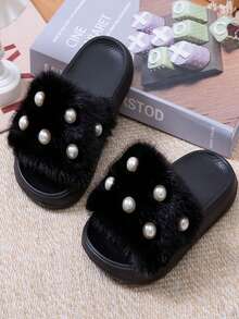 1 Pair Winter Girls Fashion Faux Pearl Style Home Slippers, EVA Ultra-Light Sole Design, Slip-On Home Slippers, Easy To Put On And Take Off - Black - View 1