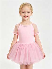 Young Girl Pink Mesh Short Sleeve Round Neck Mesh Patchwork High Stretch Cute Ballet Dance Sportswear - Pink - View 11
