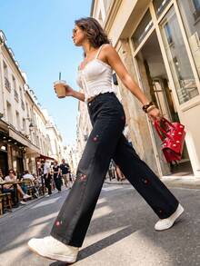 Elegant Cherry Embroidery Fashion Delicate Pocket Button Solid Color Pants, A Slightly Small Size Fall Casual Black - Black - View 2