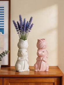 1pc Cartoon Ceramic Rabbit Vase, Cute Handmade Ceramic Craft. Sweet And Warm Decoration For Desk, Home, Bedroom, Hotel, Restaurant And Wedding. Perfect For Easter Display, Also Great Gift For Holidays, Souvenirs, Back To School And Loved Ones. - Vase - View 9