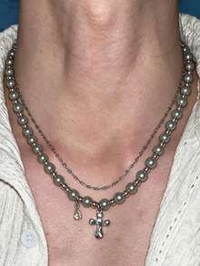 rundraw 1pc Women's Necklace, Silver Metal, Faux Pearl Cross Geometric Asymmetrical Shape Inlaid CZ, Punk Style Multi-Layer Necklace Suitable For Daily Commute Wear - Silver - View 3