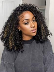 Kinky Curly 18吋半頭套，隱形髮際線，3合1抽繩無縫翻蓋式免膠假髮，適合的捲髮半頭套，抽繩無縫翻蓋式髮箍假髮 - 間色 - 查看 1