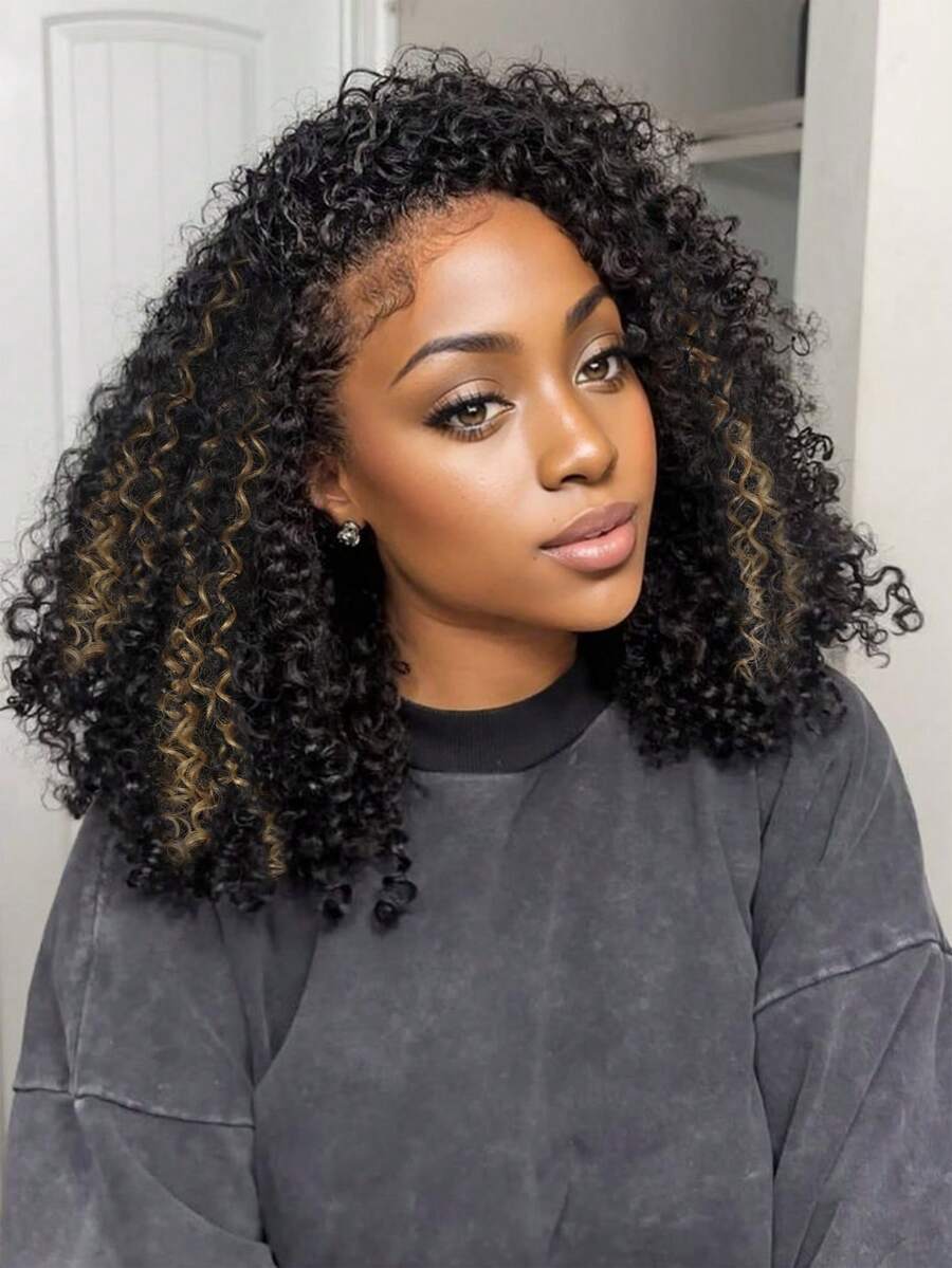 Kinky Curly 18吋半頭套,隱形髮際線,3合1抽繩無縫翻蓋式免膠假髮,適合的捲髮半頭套,抽繩無縫翻蓋式髮箍假髮 - 間色 - 查看 1