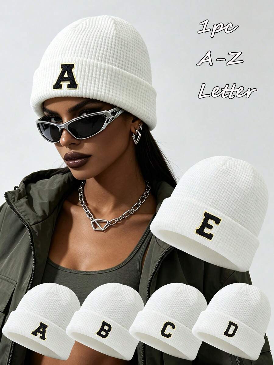 1PC Unisex Print A-Z Letter Waffle Knit Beanie Hat,Soft Warm Winter Hat For Women,Daily Outdoor Streetwear Cold Weather Home - White - View 1