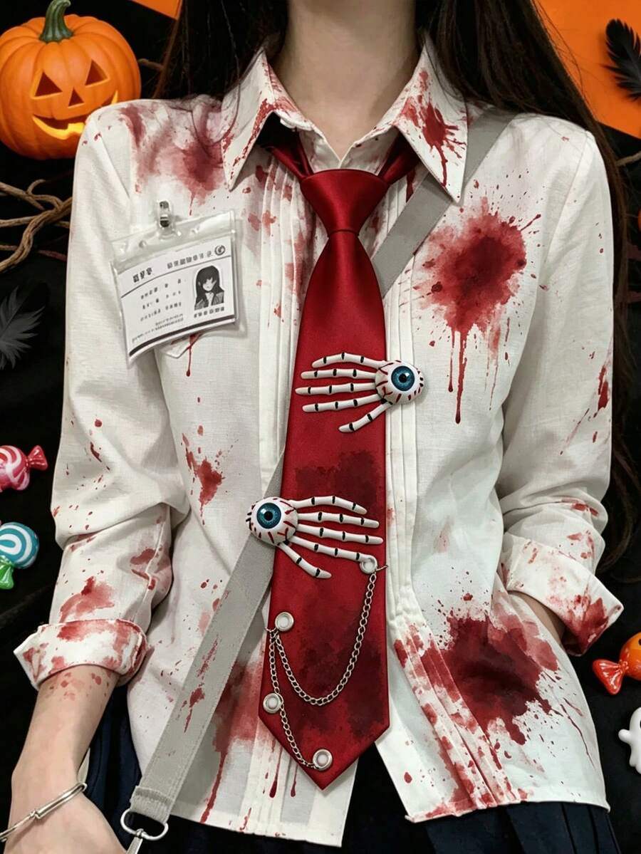 1pc Gothic Halloween Red Necktie With Skeleton Hand & Eyeball Decor, Metal Chain Punk Cosplay Tie - Multicolor - View 1