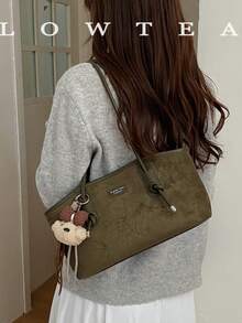 low tea 1pc Minimalist Square PU + Suede Fabric Shoulder Bag, Suitable For Commuting, Shopping, Etc. (With Pendant) - Dark Green - View 7