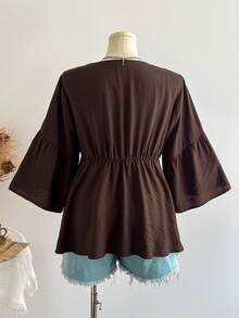 Rusttydustty Atasan Wanita Ukuran Besar Warna Cokelat Kerah V dengan Tali dan Patchwork Renda Gaya Bohemian untuk Liburan, Cocok untuk Musim Gugur/Dingin, Kostum Halloween - Coklat - View 10