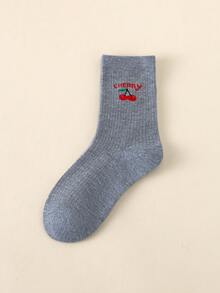 5/1 Pair Unisex Cherry Print Ribbed Crew Socks, Cute Letter Graphic, Soft Stretchy Casual Daily Socks - Multicolor - View 4