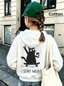 2026 Autumn/Winter Girls' Custom Loose White Hoodie, Black Cat Skateboard Graphic With Letter Print, Fun Cartoon Style - White - View 10