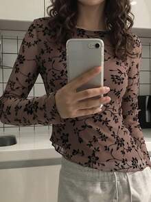 Women's Knitted Printed Long Sleeve Top - Brown - View 3