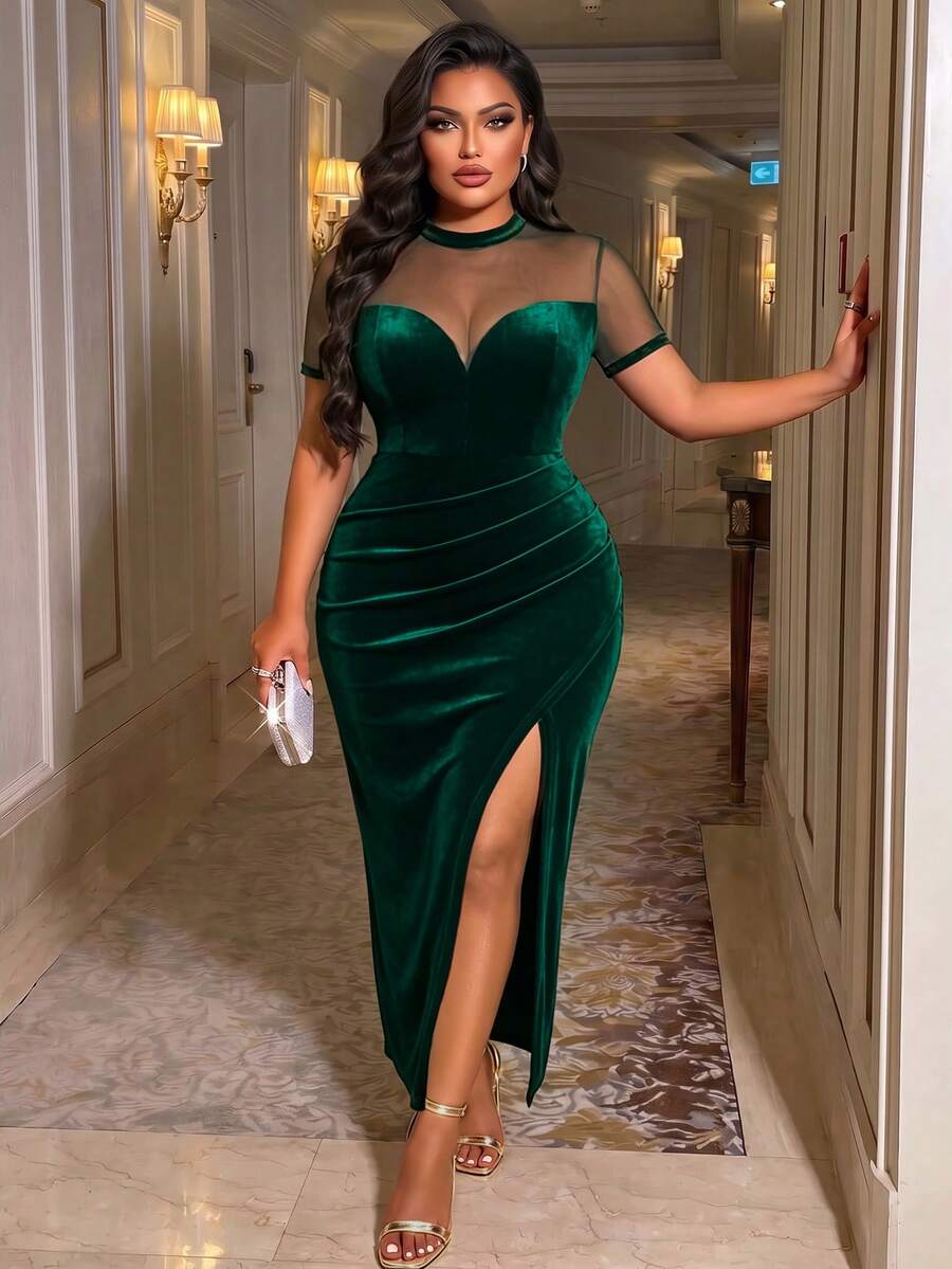 BIUBIU Plus Size Women's Velvet Short Sleeve Formal Gown Green Long Fitted Dress With Ruched Slit And Sheer Round Neck, Perfect For Prom & Evening Parties - Dark Green - View 1
