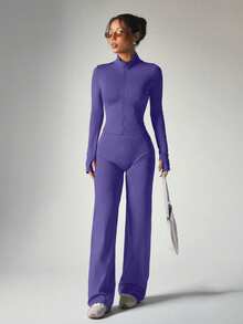 2pcs Set Purple Zipper Fitted Long Sleeve Top + Flowy Wide Leg Pants Yoga Outfit - Violet Purple - View 7
