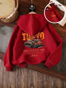 Young Boy Cartoon Pattern Warm Hooded Sweatshirt - Red - View 1