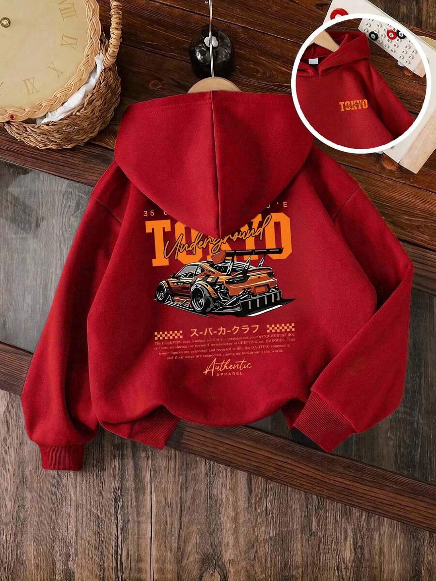 Young Boy Cartoon Pattern Warm Hooded Sweatshirt - Red - View 1