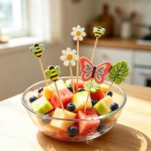 200pcs/100pcs/10pcs Assorted Animal & Floral Bamboo Skewers Fruit Forks, Tropical Cocktail Picks, Summer Pool Beach Cocktail Picks, Butterfly, Bee, Monstera Leaf, Daisy Pattern, Suitable For Appetizers, Food, Drinks - Multicolor - View 2