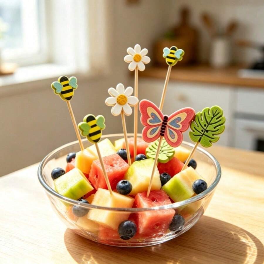 200pcs/100pcs/10pcs Assorted Animal & Floral Bamboo Skewers Fruit Forks, Tropical Cocktail Picks, Summer Pool Beach Cocktail Picks, Butterfly, Bee, Monstera Leaf, Daisy Pattern, Suitable For Appetizers, Food, Drinks