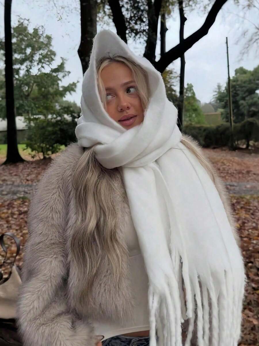 1pc Elegant Women's Knitted Scarf With Fringe - Comfortable, Windproof And Warm For Fall And Winter | Ideal Holiday Gift - White - View 1