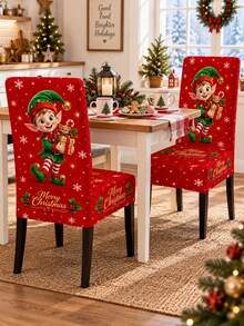 1pc Red Christmas Elf Dining Chair Cover, Cute Cartoon Elf Snowflake Merry Christmas Print, Stretch Spandex High Back Full Coverage Slipcover, Removable Washable Chair Protector For Kitchen Dining Room Holiday Party - Multicolor - View 7