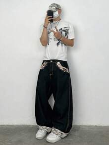 Justice Brother 1pc American Street Style Personalized Design Tiger Stripe Patchwork Men's Denim Jeans, Loose Wide Leg Pants, Fashionable Versatile Long Pants For All Seasons (Belt/Accessories Not Included) - Black - View 6