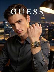 Guess Men's Multifunction Quartz Watch, Gold Stainless Steel Band, Black Dial, Roman Numerals, Business Meeting And Social Event Accessory - Gold - View 5
