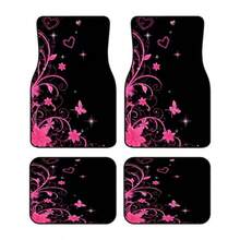 Set Of 4 Car Floor Mats, Designed For Sedan Or SUV, Easy To Clean Surface, Suitable For Car Owners, Decorated With Pink Butterfly And Flower Heart Design, Ideal Choice For Professional Environment And Fun Car Accessories. - Multicolor - View 10