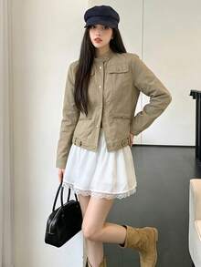 女款時尚立領夾克，附斜口袋 - 軍綠色 - 查看 7