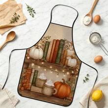1pc Autumn Pumpkin Bow Print Apron, Featuring Vintage Small Pumpkin And Orange Ribbon Bow Pattern, Durable Cooking Apron Suitable For Bakers, Cake Decorators, BBQ Enthusiasts, Gardeners, Painters, Nail Artists - Perfect Gift For Home And Professional Chefs - Apricot - View 3