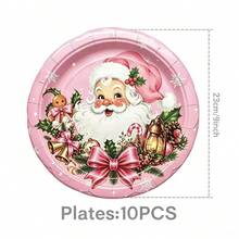 50Pcs Pink Christmas Disposable Paper Tableware Kit, Santa Claus Gingerbread Man Xmas Tree Printed Paper Plates Cups Napkins, Pink Christmas Holiday Party Table Decorations - Multicolor - View 5