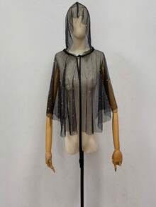 1pc Black Shiny Mesh Hooded Halloween Party Mid-Length Costume Cape - Multicolor - View 4