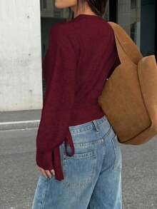 Plus Size Women's Solid Color Overlap V-Neck Side Knot Long Sleeve Knit Cardigan - Burgundy - View 3