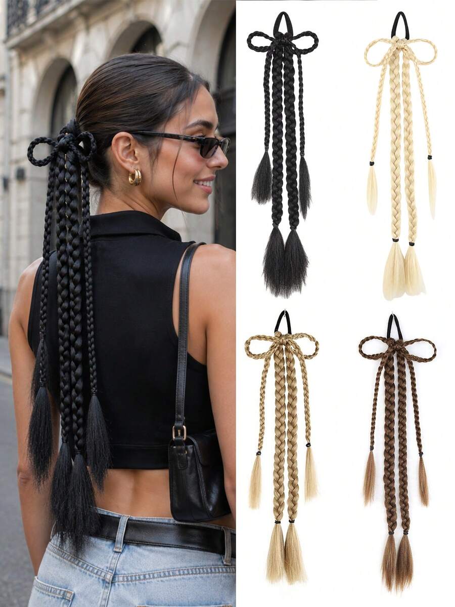 18inch Bow-Tie Braided Ponytail Elastic Hair Tie - A Cute And Elegant Hair Accessory Suitable For Ladies' Music Festivals, Parties, And Everyday Looks - Multicolor - View 1