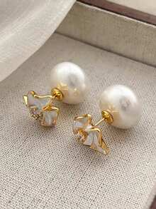 1 Pair French Style Gentle Geometric Flower Faux Pearl Front & Back Stud Earrings Suitable For Women Daily Wear And Gatherings - Golden Yellow+White - View 3