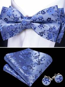 5Pcs Men Formal Bow Tie Set Dusty Blue Tiny Floral Jacquard Pattern Pocket Square Cufflinks Ring Boutonniere Cufflinks Pattern Random - Dusty Blue - View 5