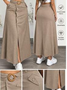 Commuter Versatile A-Line Skirt For Women With Button And Slit Design, Elegant Skirt - Khaki - View 5