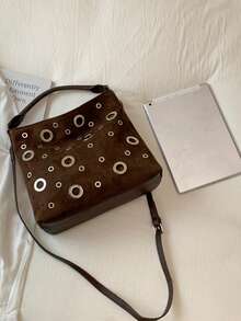 Fashion Metal Eyelet Decor Handbag, Adjustable Strap Versatile Crossbody Bag Shoulder Bag, Suitable For University, Commuting, Shopping, Street Strolling, Daily Use. - Coffee - View 8