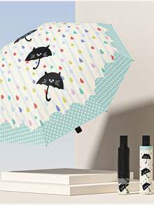 1pc Fully Automatic/Semi-Automatic Black Vinyl UV Protection Manual Portable Lightweight Cartoon Umbrella For Rain And Sun - As Shown - View 5