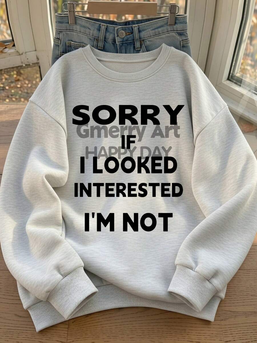 Minimalist High Street Black & White Large Letter Short Phrase Print Crew Neck Sweatshirt Women Lazy Versatile Autumn/Winter - White Grey - View 1