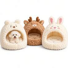 1pc Cute Cartoon Animal Pet Cave Bed, Semi-Enclosed Plush Sleeping Nest With Raised Edges And Soft Cushion, Bear, Deer And Rabbit Patterns, Suitable For Cats And Small Dogs, Indoor Pet Resting Bed - Multicolor - View 8